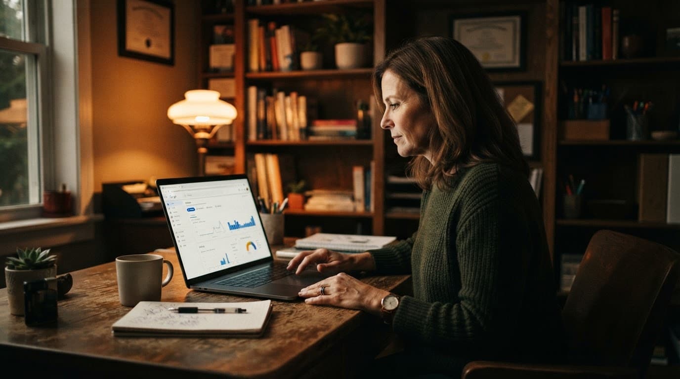 A business owner reviews a website dashboard on a laptop in a warmly lit office.