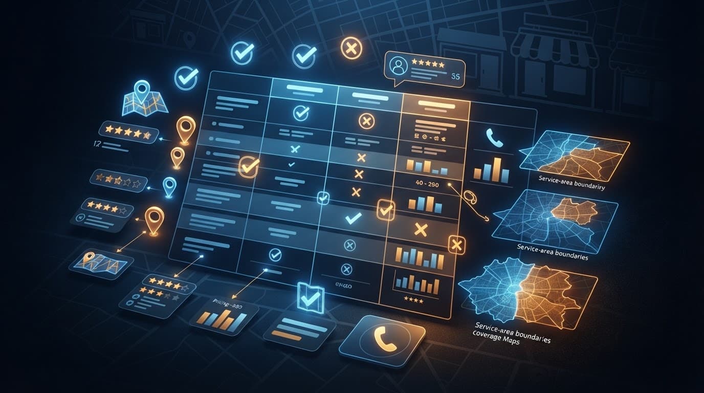 A comparison table surrounded by map pins, checkmarks, reviews, and pricing details.