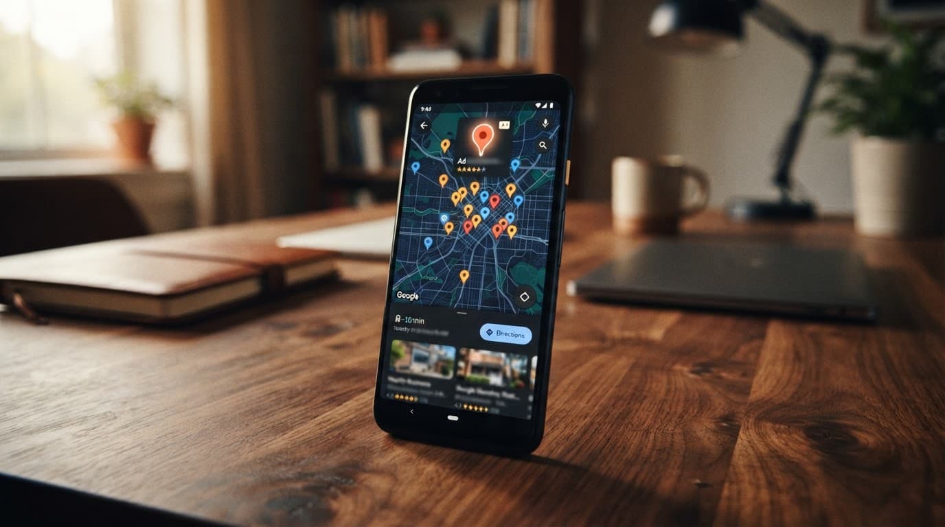 A smartphone showing map pins and directions on a wooden table.