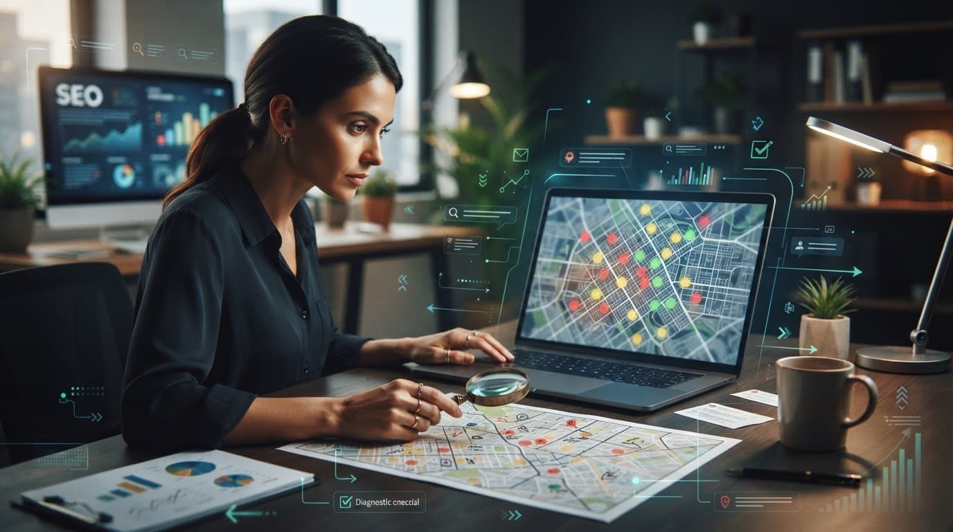 Marketer comparing a map grid on a laptop with a printed map and magnifying glass.