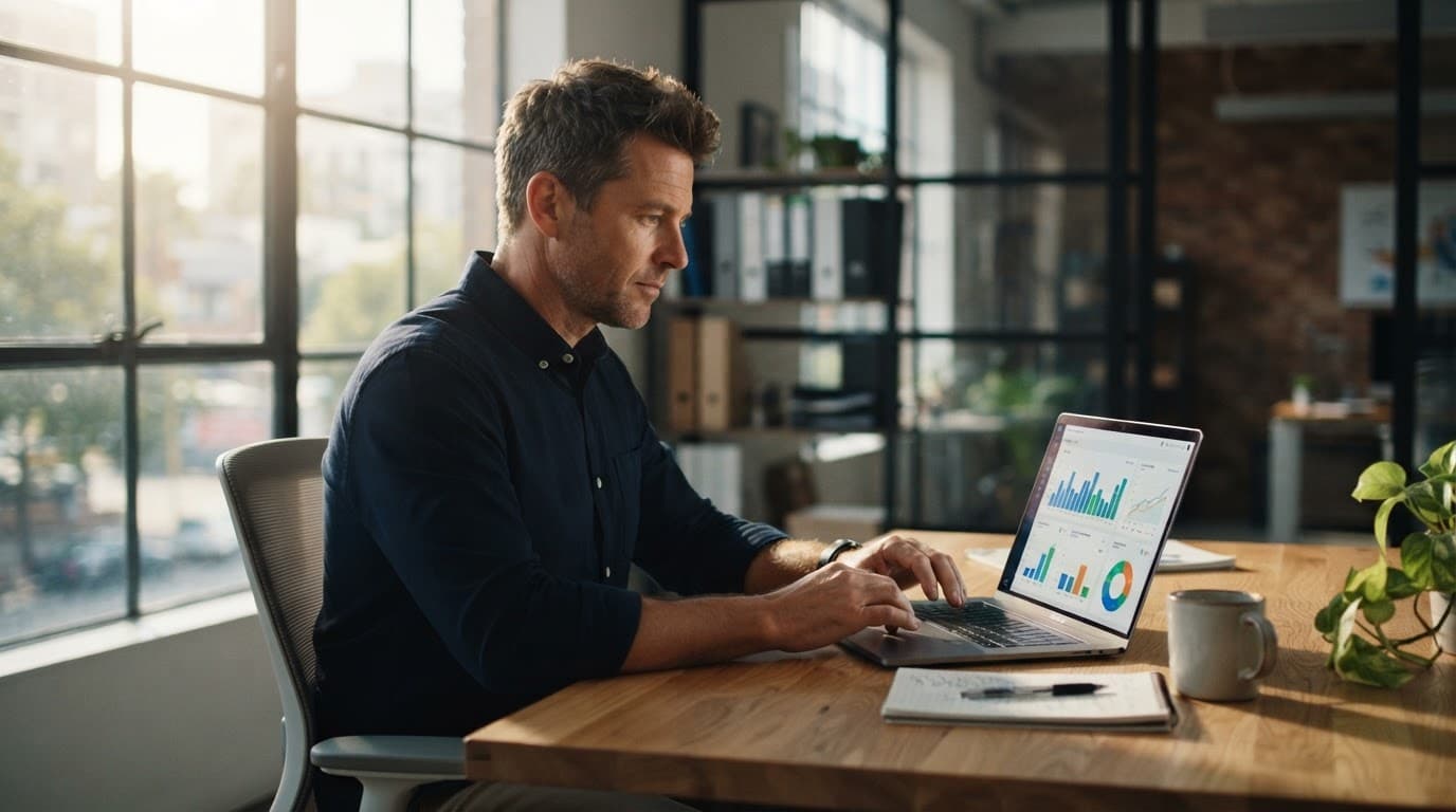 A business owner reviews charts on a laptop in a sunlit modern office.