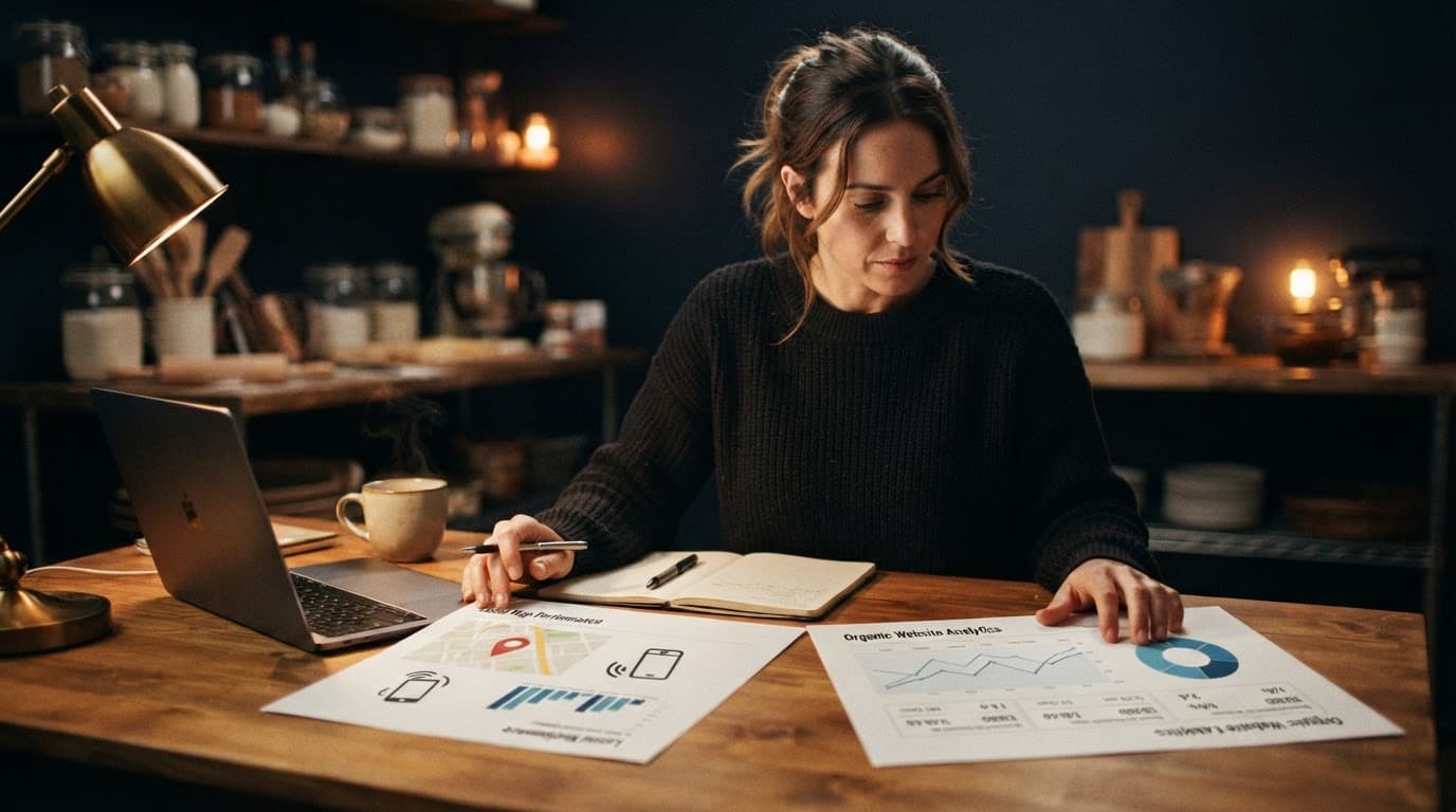 A bakery owner compares map and website performance reports at a desk.