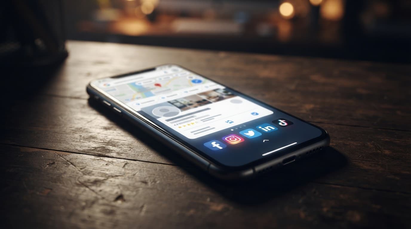 A smartphone on a desk shows local search results and social media icons.