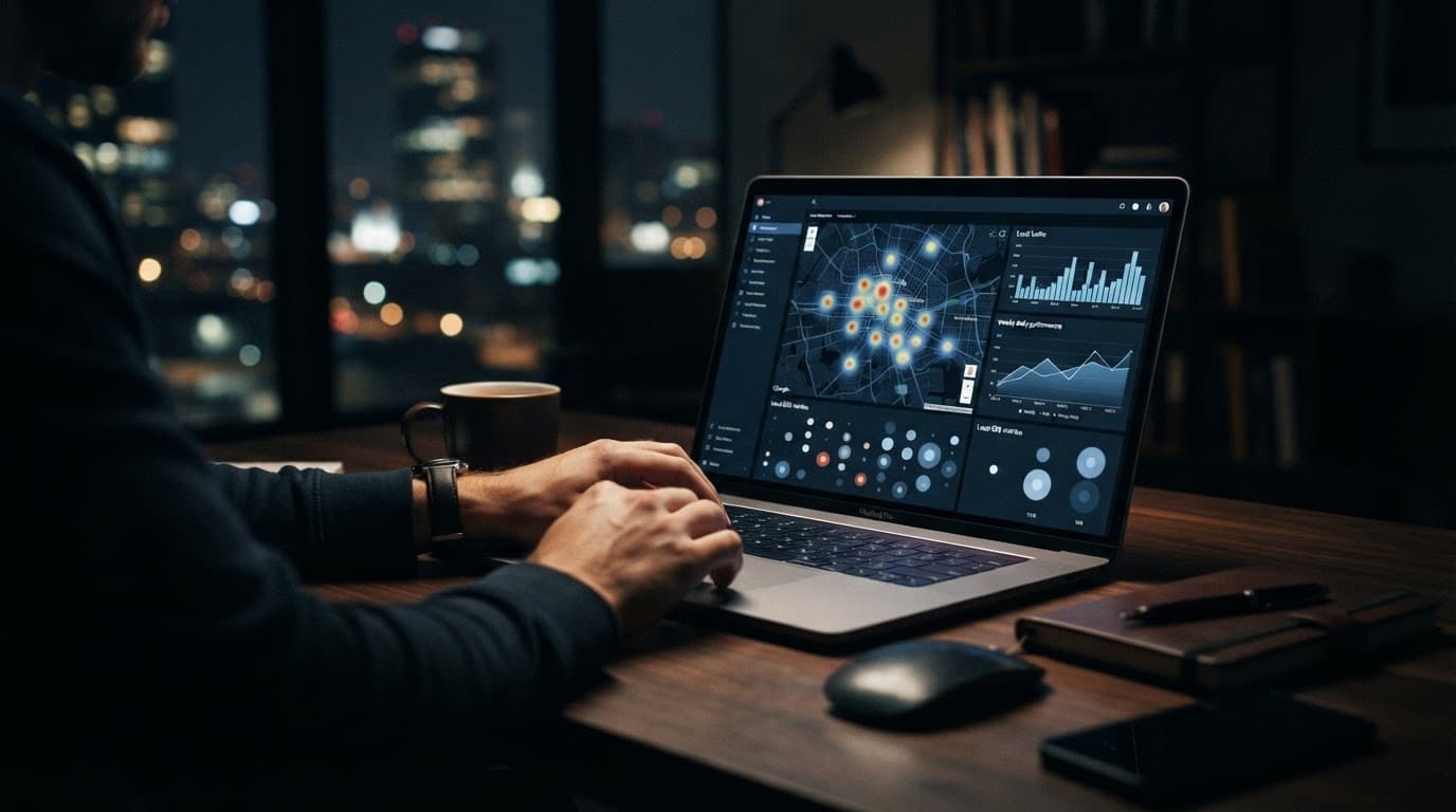 Laptop showing local SEO charts and a business map in a dark workspace.