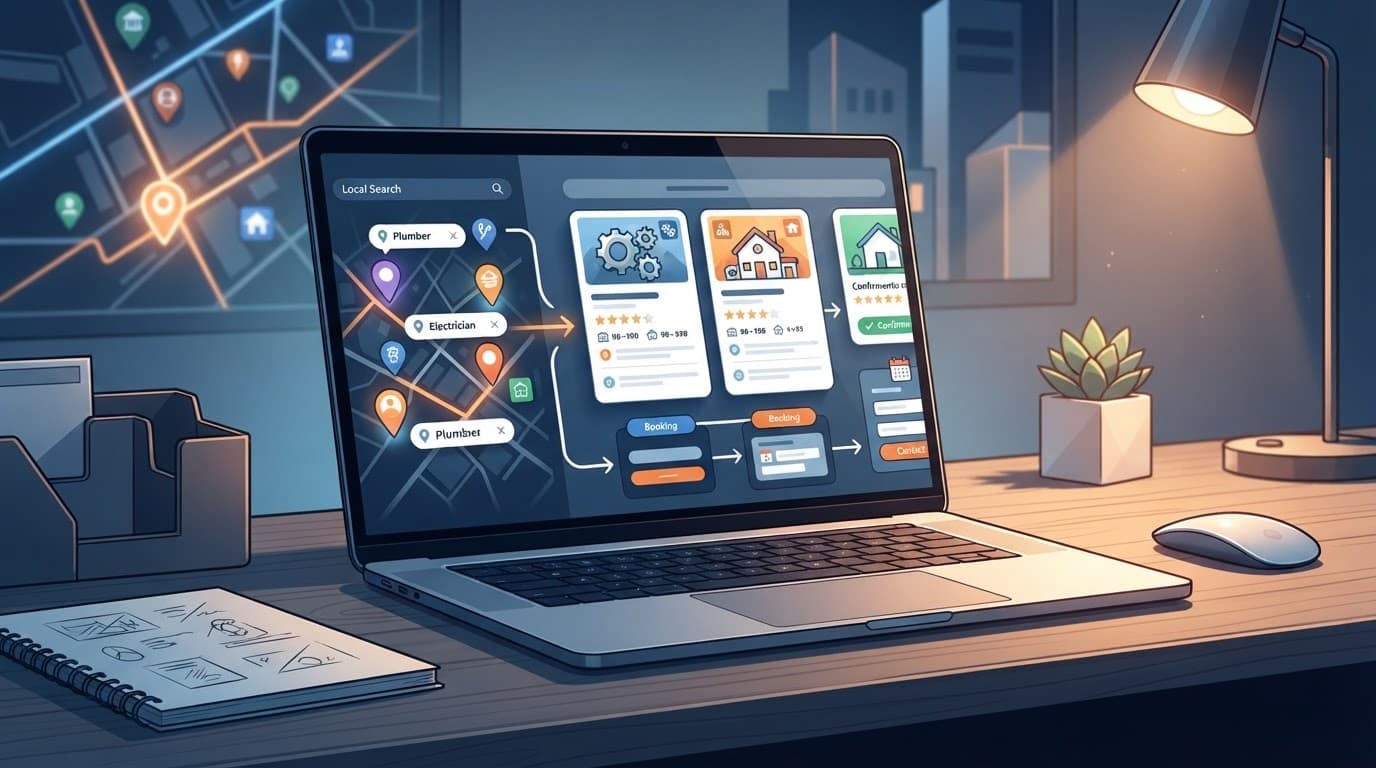 Laptop showing local service cards, map pins, and a booking path on an office desk.