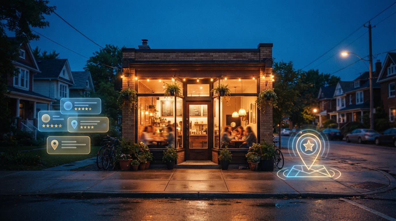 A warmly lit storefront with glowing map markers on a neighborhood street at dusk.