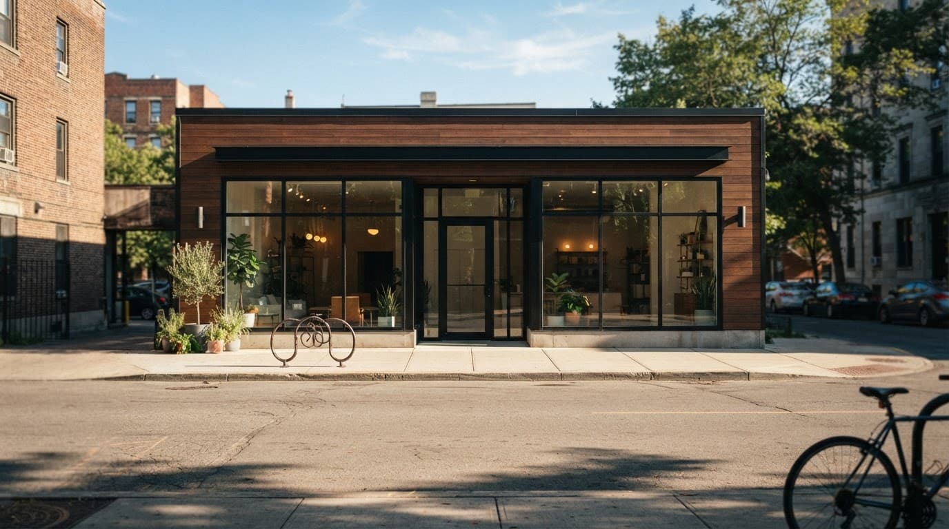 Modern business storefront seen across a sunlit street.