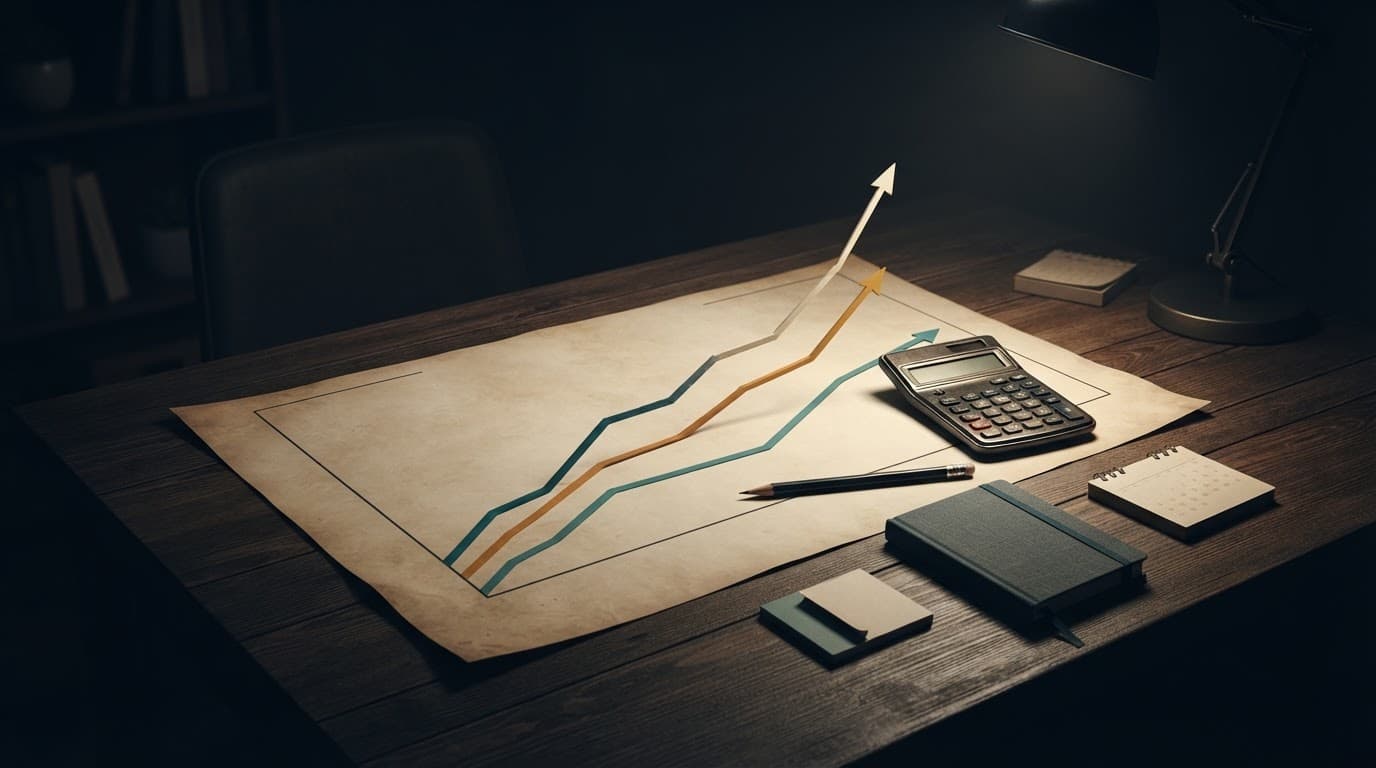 A paper chart with three rising lines, a calculator, and pencil on a dark office desk.