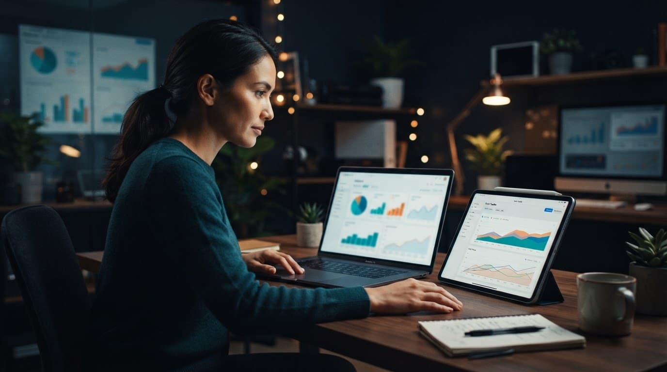 An SEO professional compares chart-filled laptop and tablet screens at a desk.