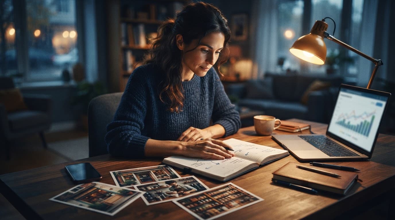 A marketing manager reviews a calendar, business photos, phone, and blurred chart on a warmly lit desk.