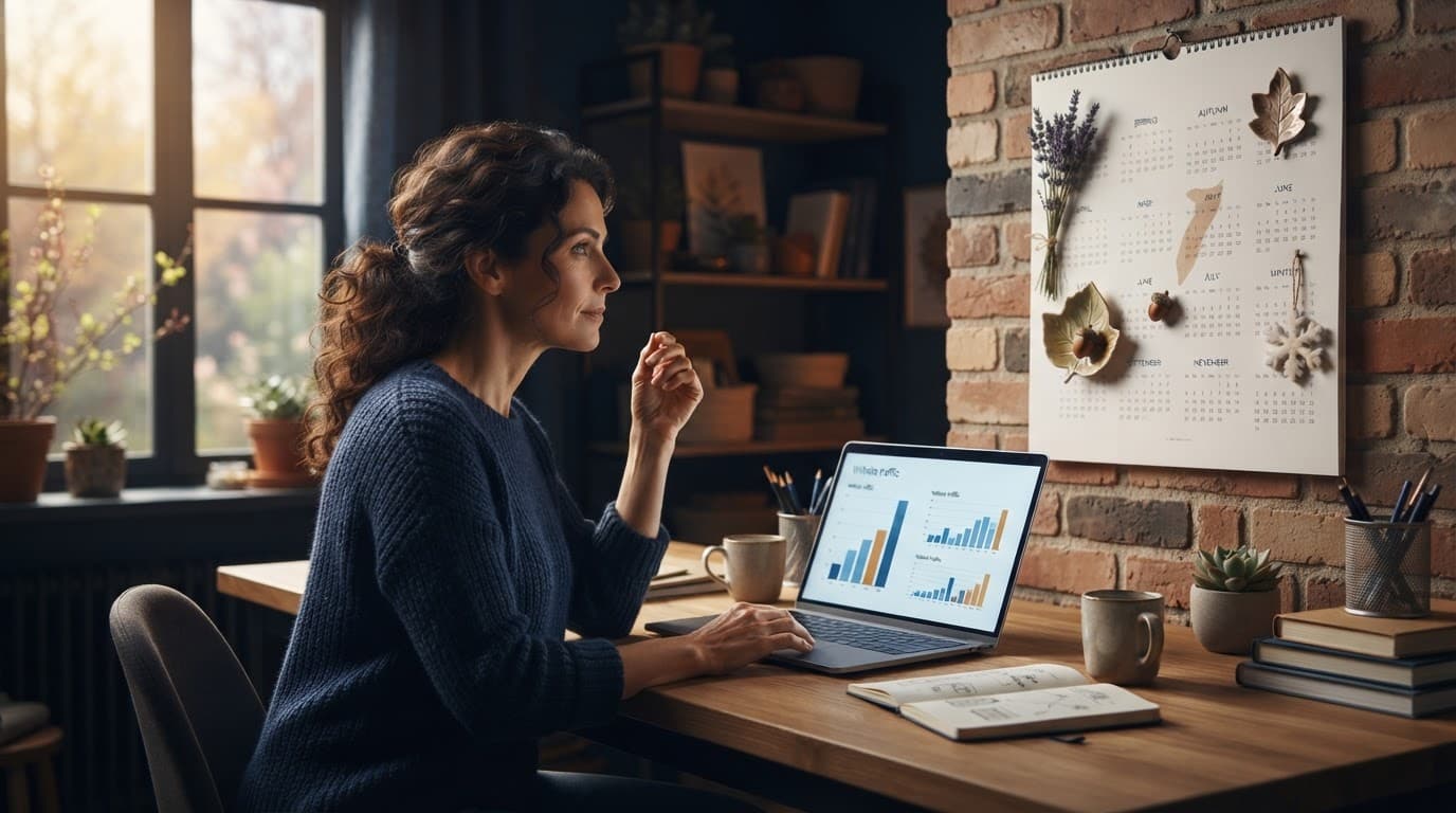A business owner reviews a wall calendar and laptop charts at a tidy desk.