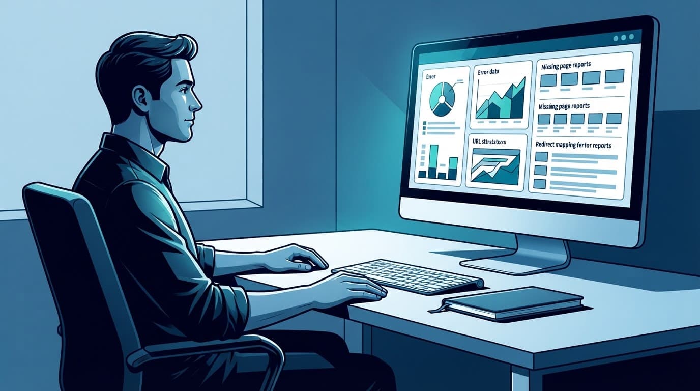 SEO professional reviewing URL charts beside a keyboard and closed notebook.