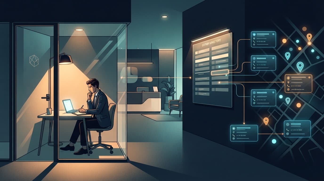 A person at a desk beside a private office door and connected local map pins.