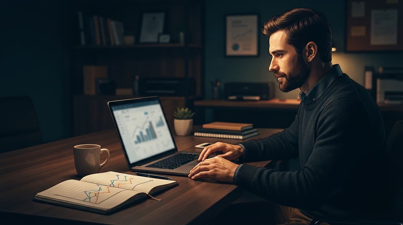 A business owner reviews laptop charts beside a notebook with three colored trend lines.