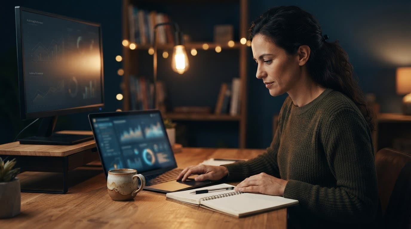 A business owner reviews website data on a laptop beside a notebook and coffee.