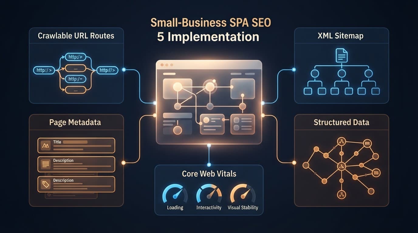 A website panel linked to five SEO modules on a dark technical background.