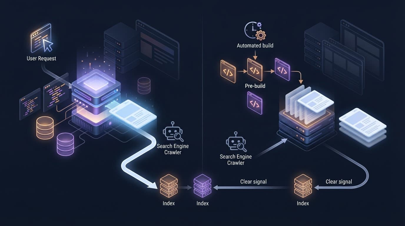 Two web publishing pipelines compare server-rendered and prebuilt pages.