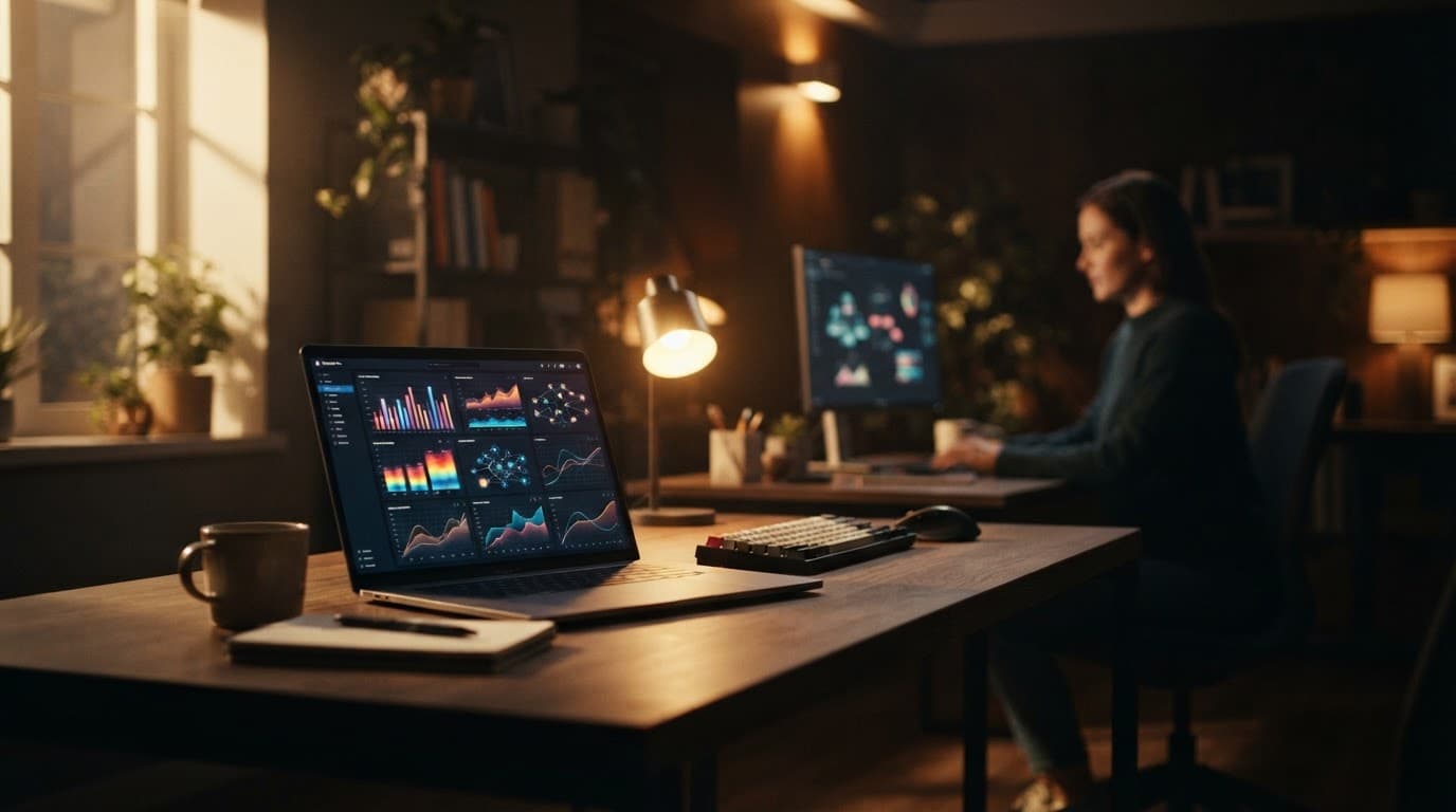 Laptop with abstract charts on a modern desk and one blurred person in the background.