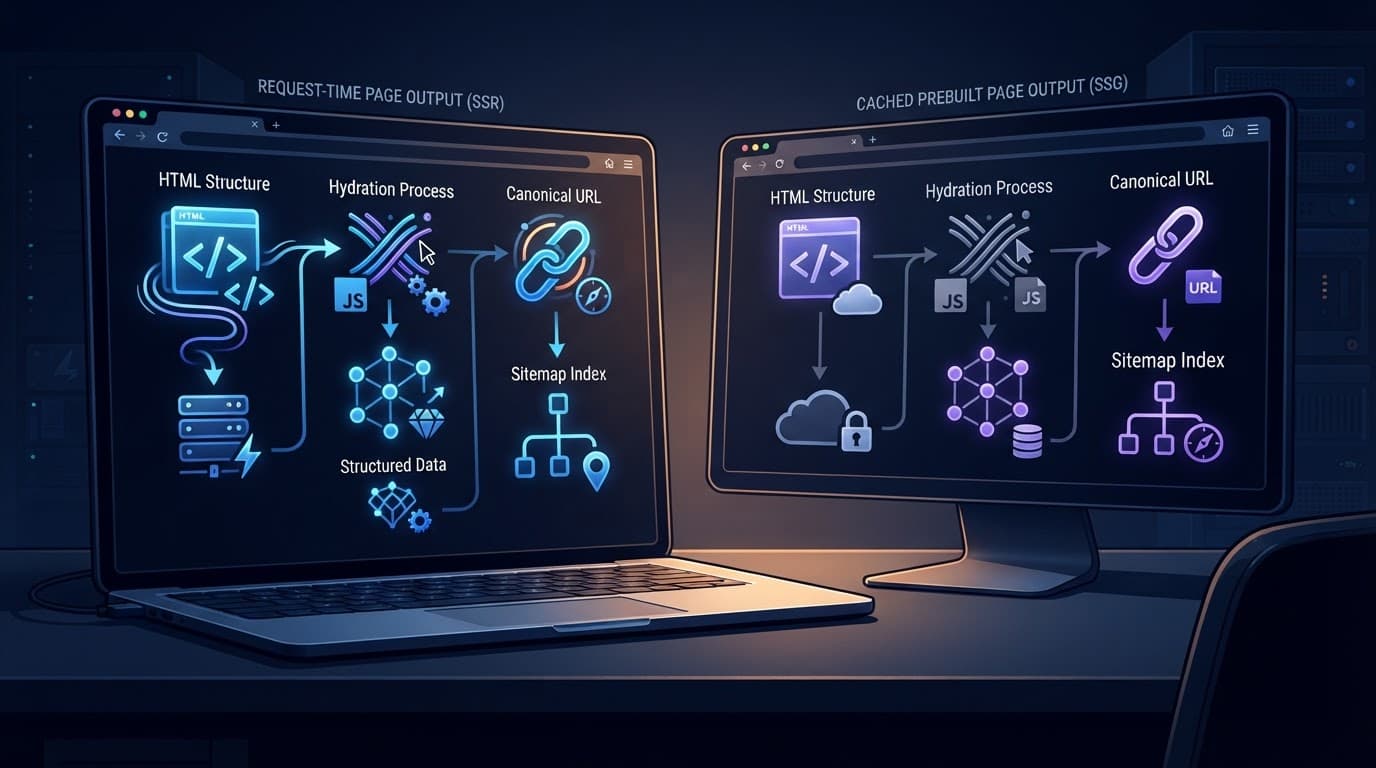 Laptop and monitor show contrasting cached and request-time web page visuals with SEO icons.