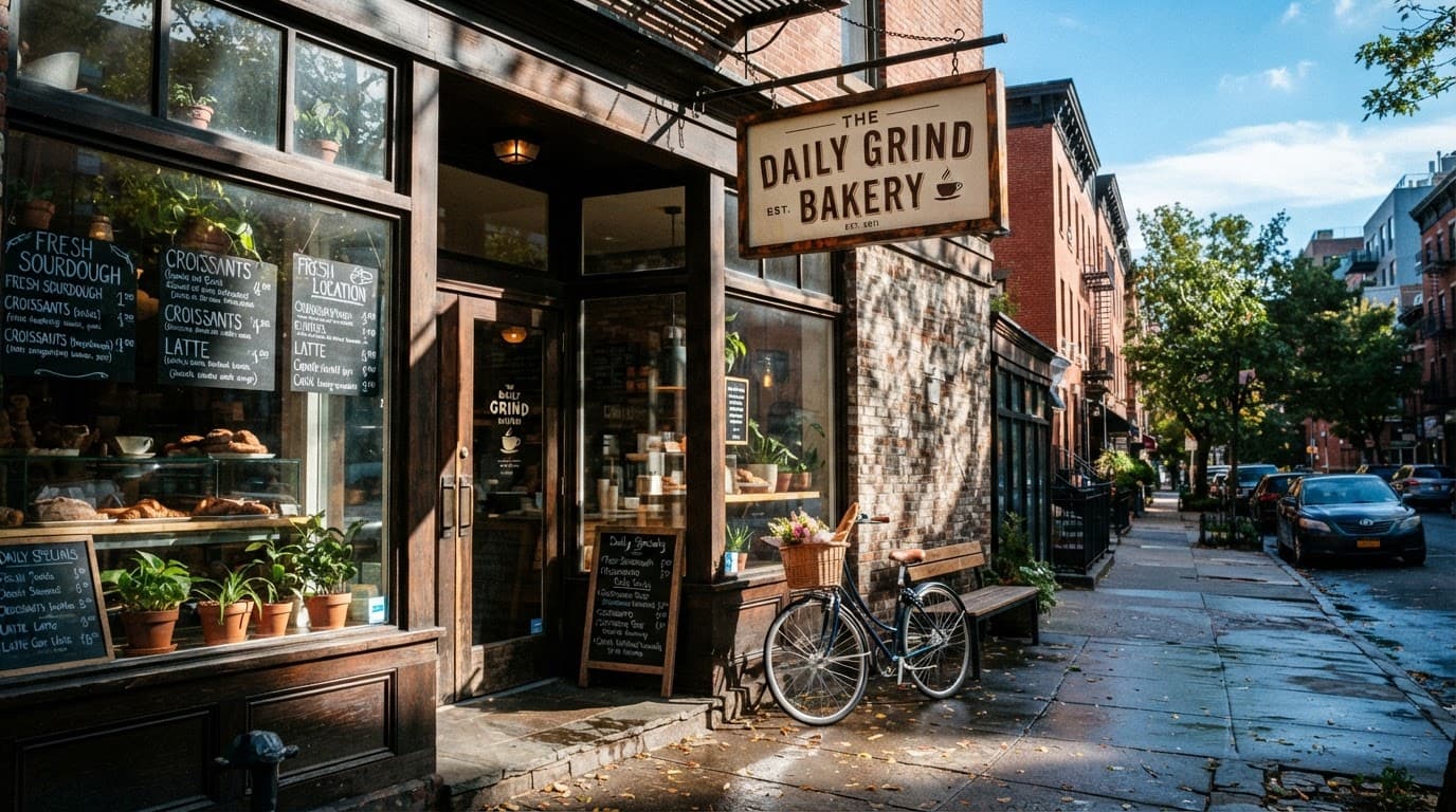 Colorful storefront with signage and strong shadows on a sunny street.