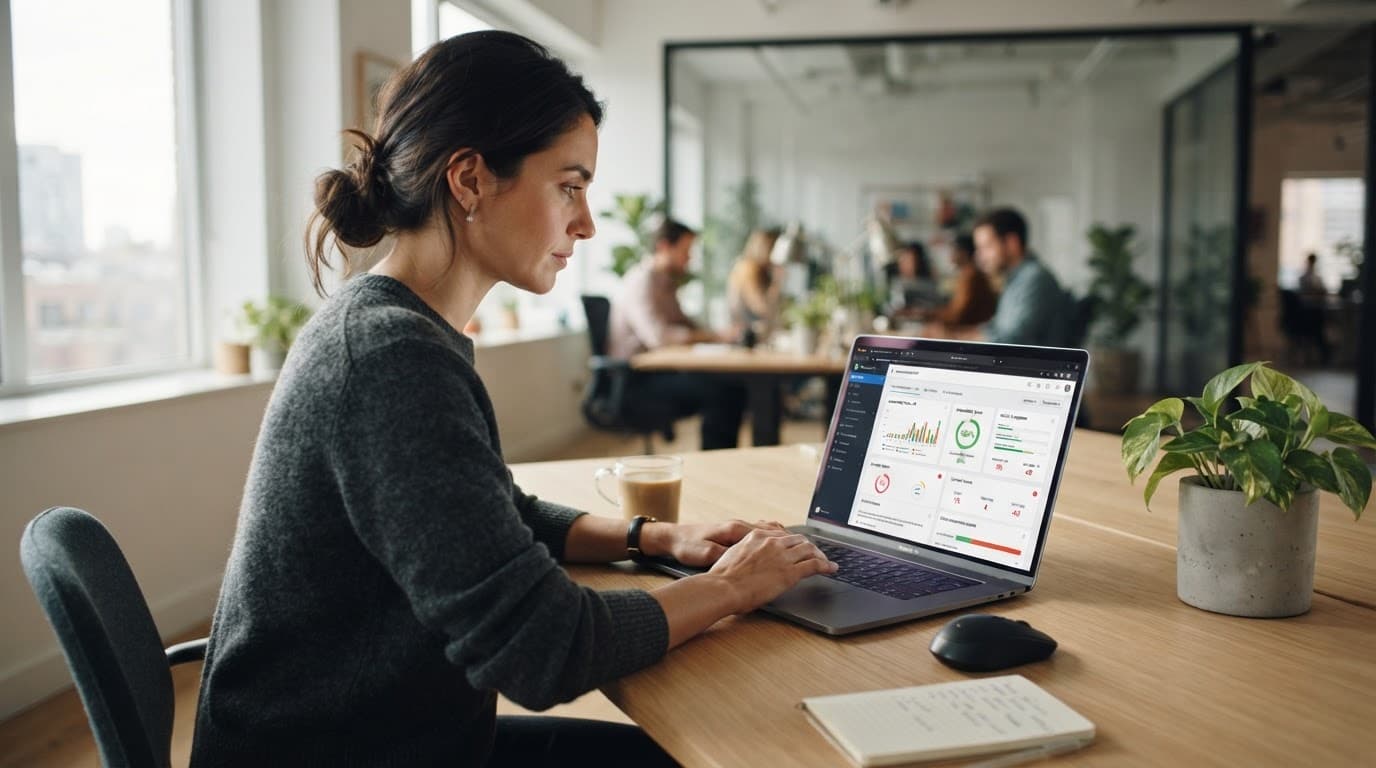 Person using a laptop with an accessibility audit dashboard at a modern desk.