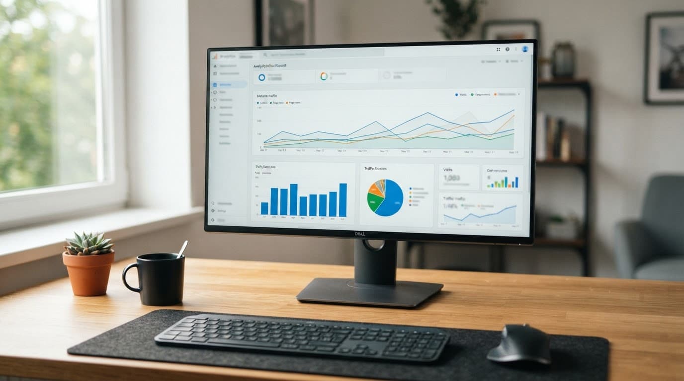 A monitor showing website traffic charts on a wooden desk in soft daylight.