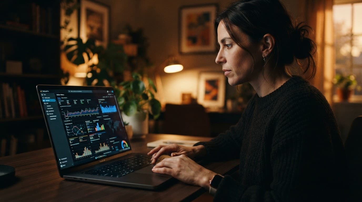Business owner reviewing website traffic metrics on a laptop in a warm office.