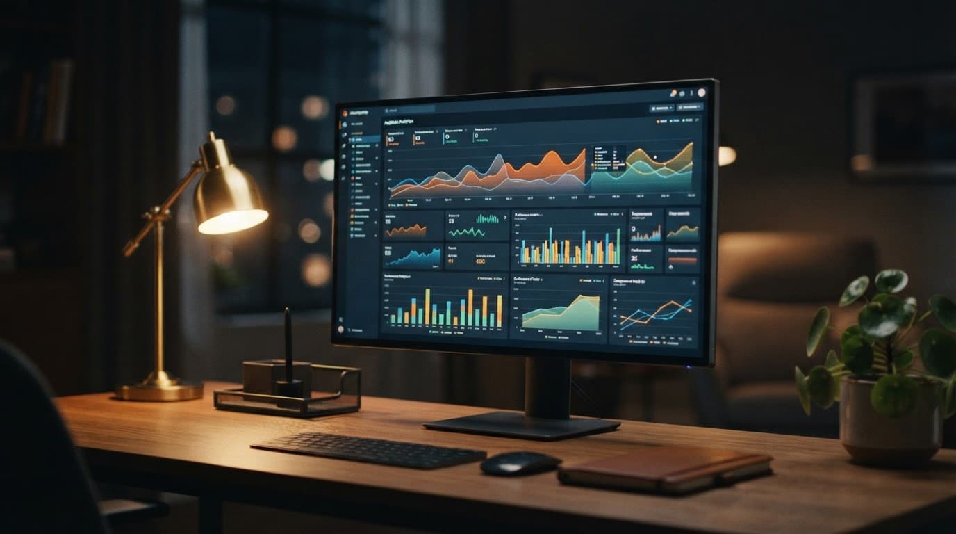 A computer screen showing analytics graphs on a clean desk under a warm lamp.