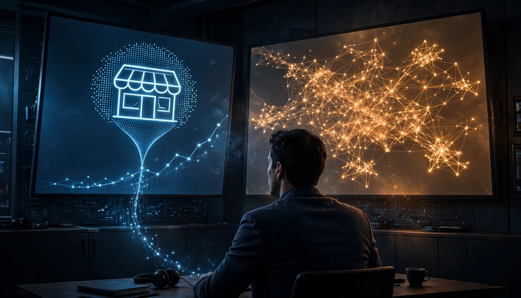 An analyst studies two separated streams of search data on glowing monitors.