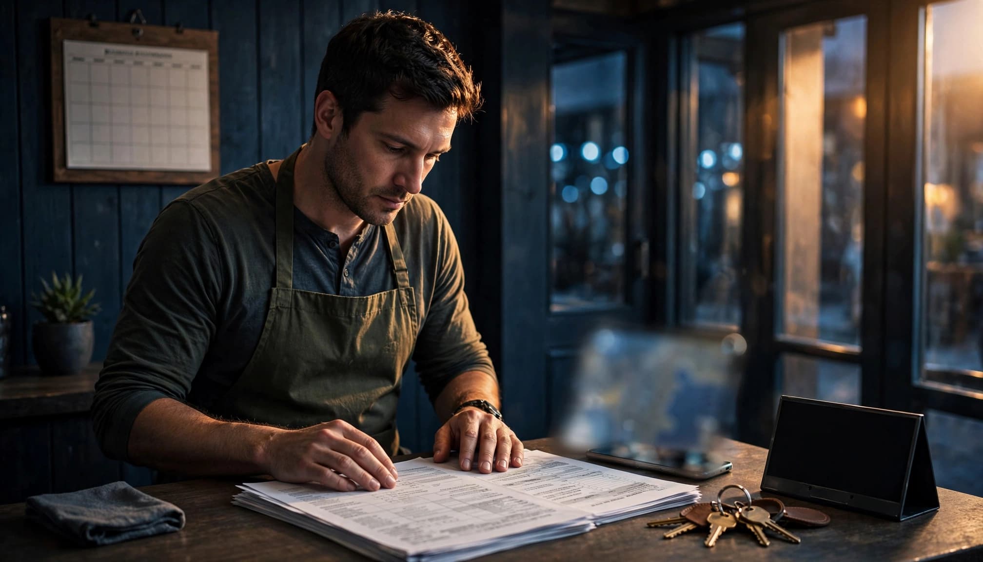 A business owner compares printed hours with a blurred phone listing at a storefront counter.