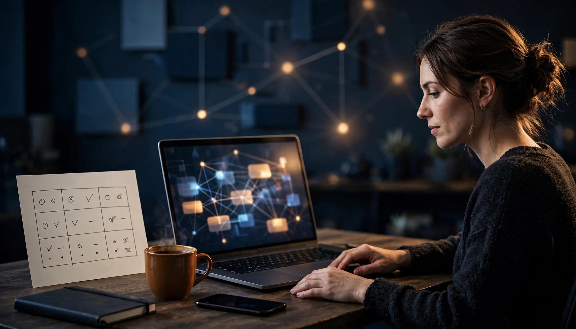 Business owner comparing website platforms on a laptop beside a paper matrix.