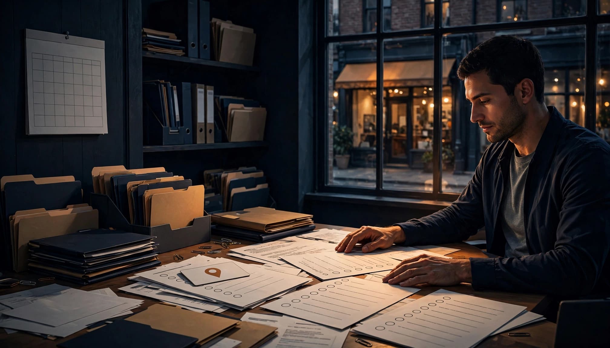 Business owner reviewing documents at a table beside folders and a storefront window.