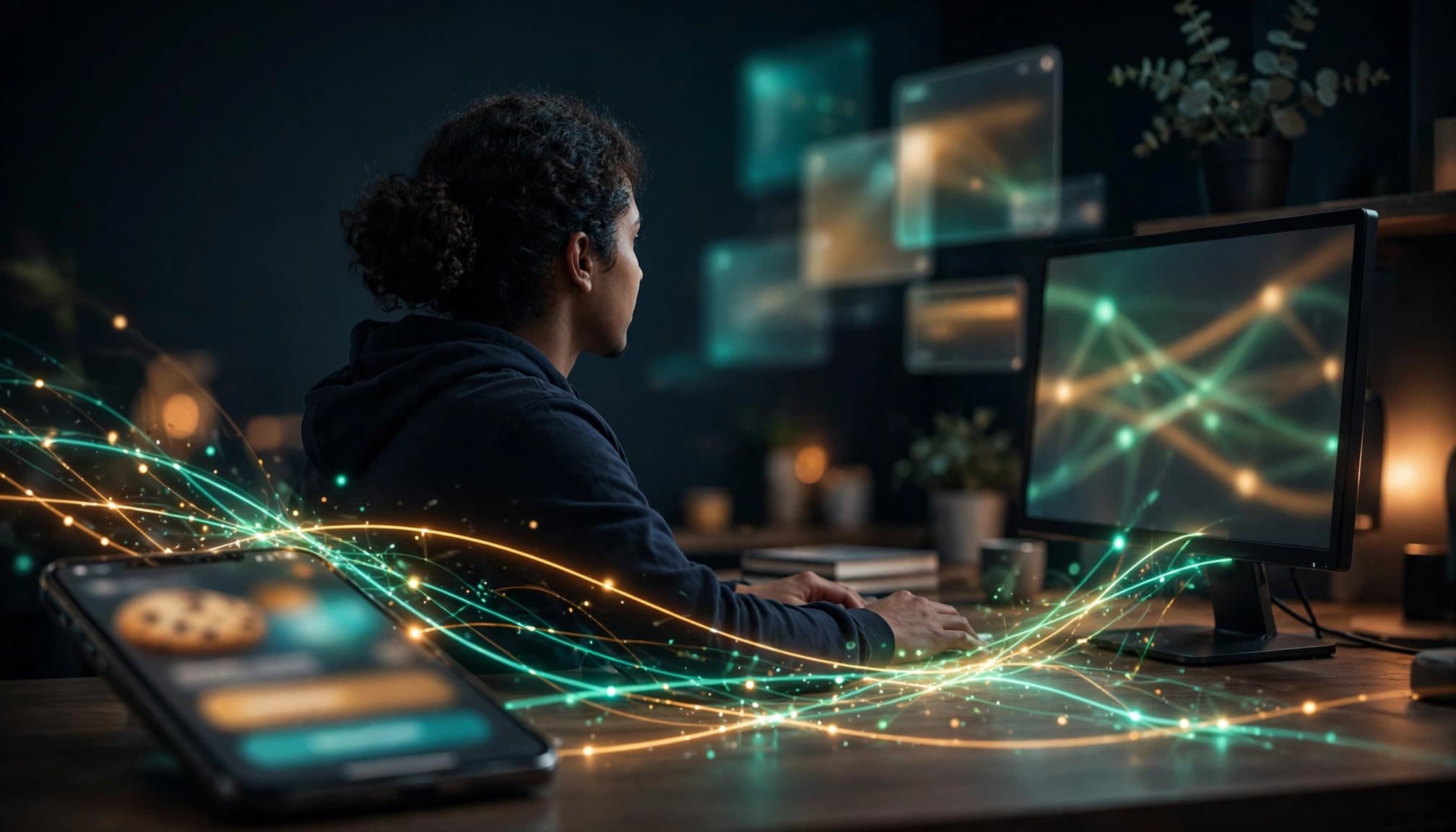 A person checks network signals between a smartphone and desktop monitor.