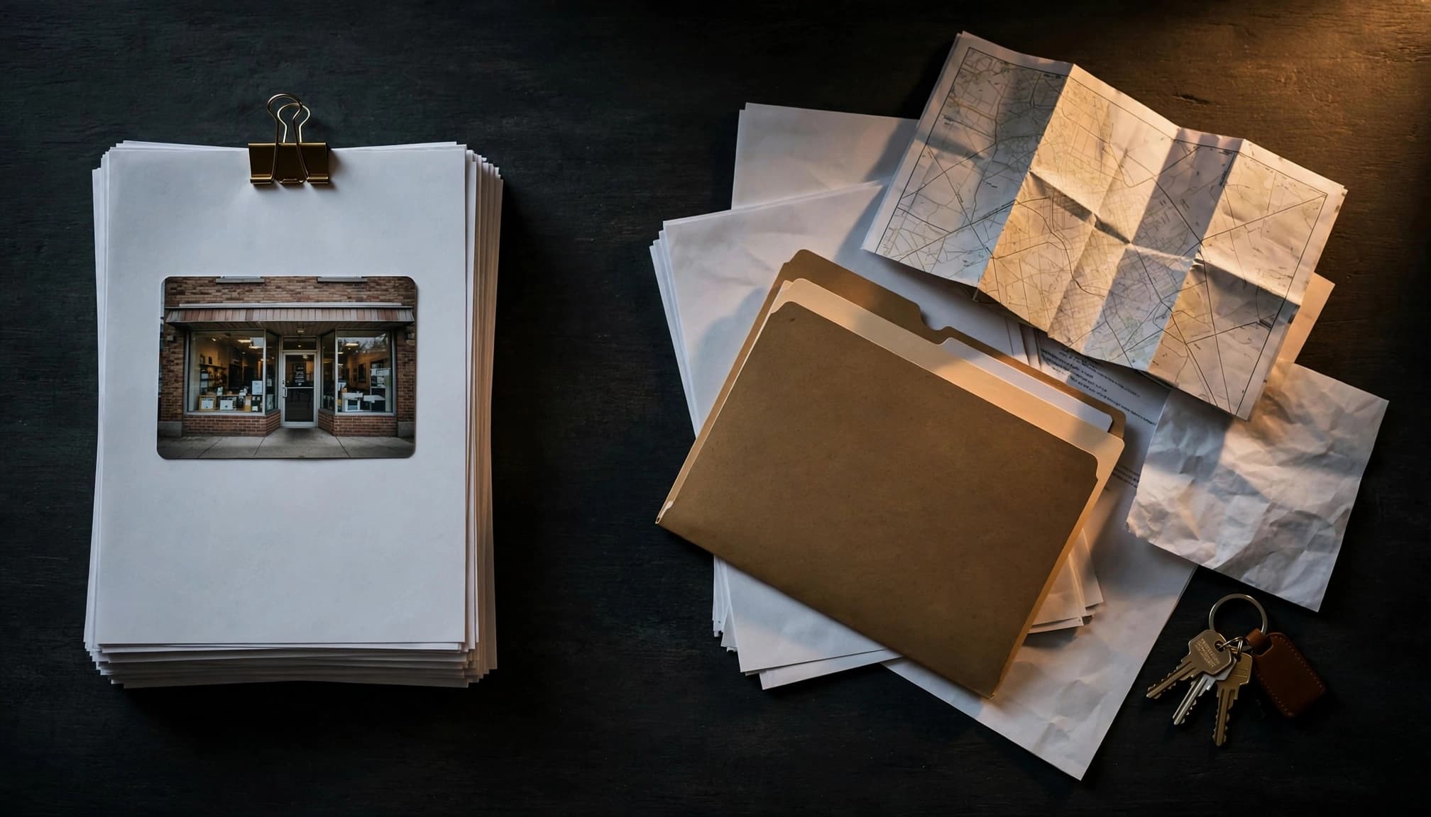 Business documents, a map, storefront photo, and keys arranged into an organized stack.