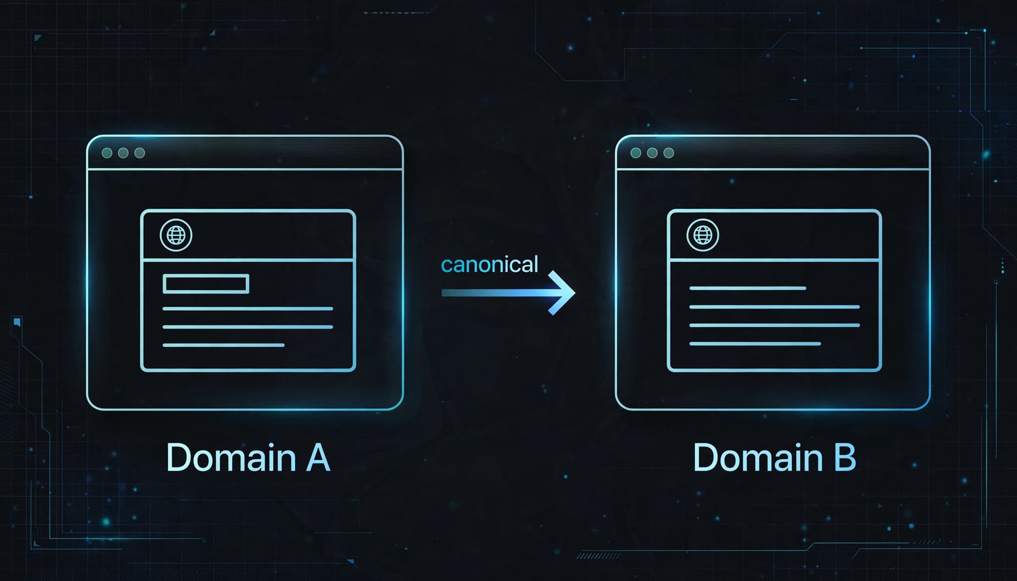 Two domain browser windows connected by a canonical arrow.