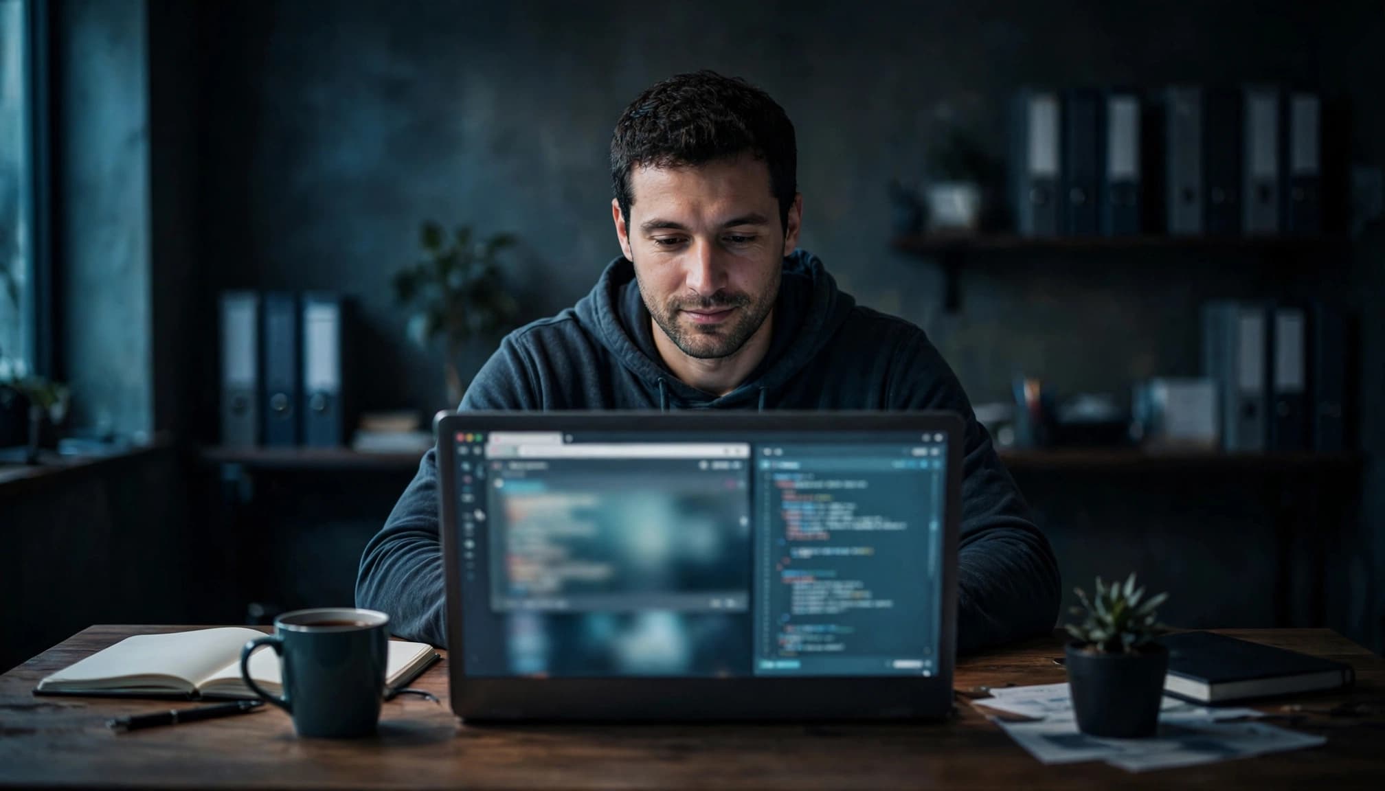 A web developer reviews a laptop beside a notebook in a dark office.