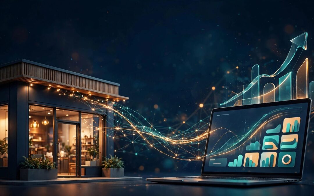 A lit storefront connects to a laptop dashboard with rising graphs and organized tiles.