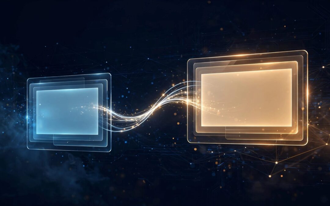 Two glowing web panels connected to one highlighted primary panel.