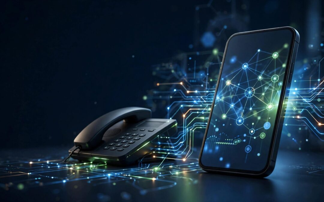 A smartphone and business phone connected by glowing analytics lines.