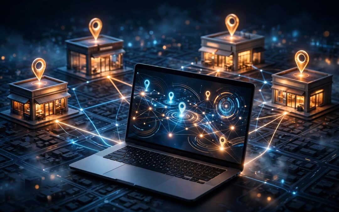 Laptop showing a location dashboard connected to storefronts on a glowing city map.