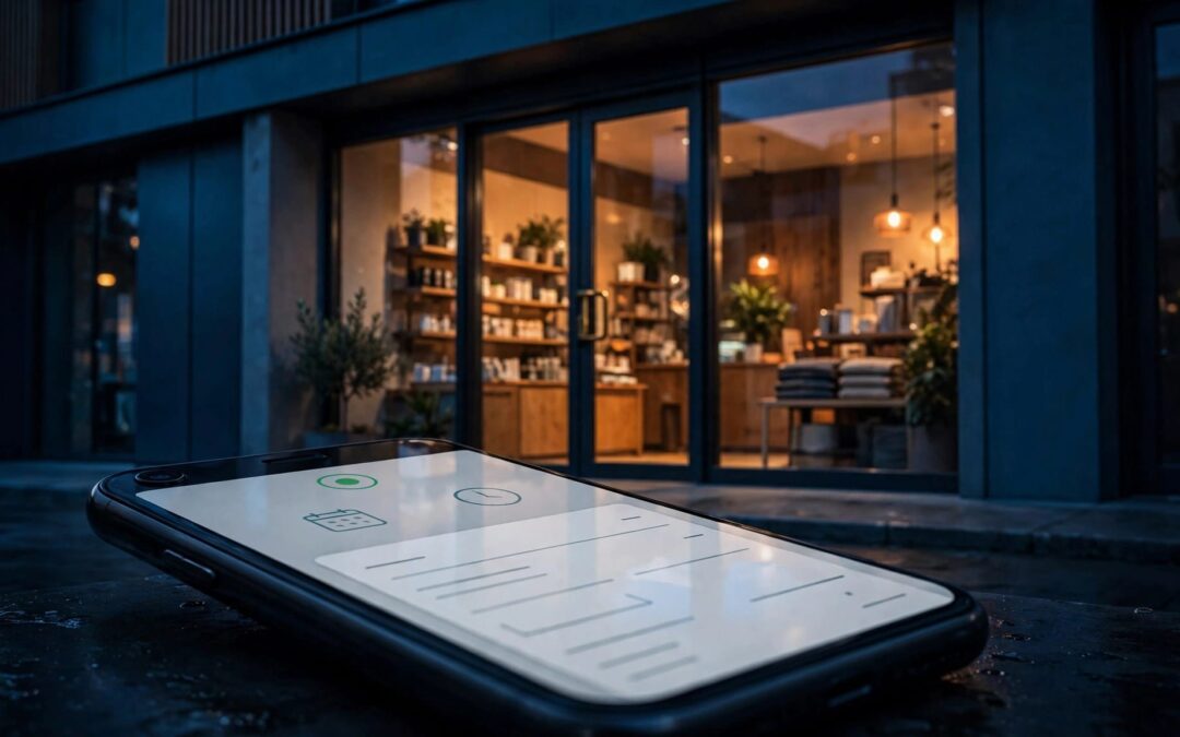 A lit storefront behind a smartphone showing an open business listing.