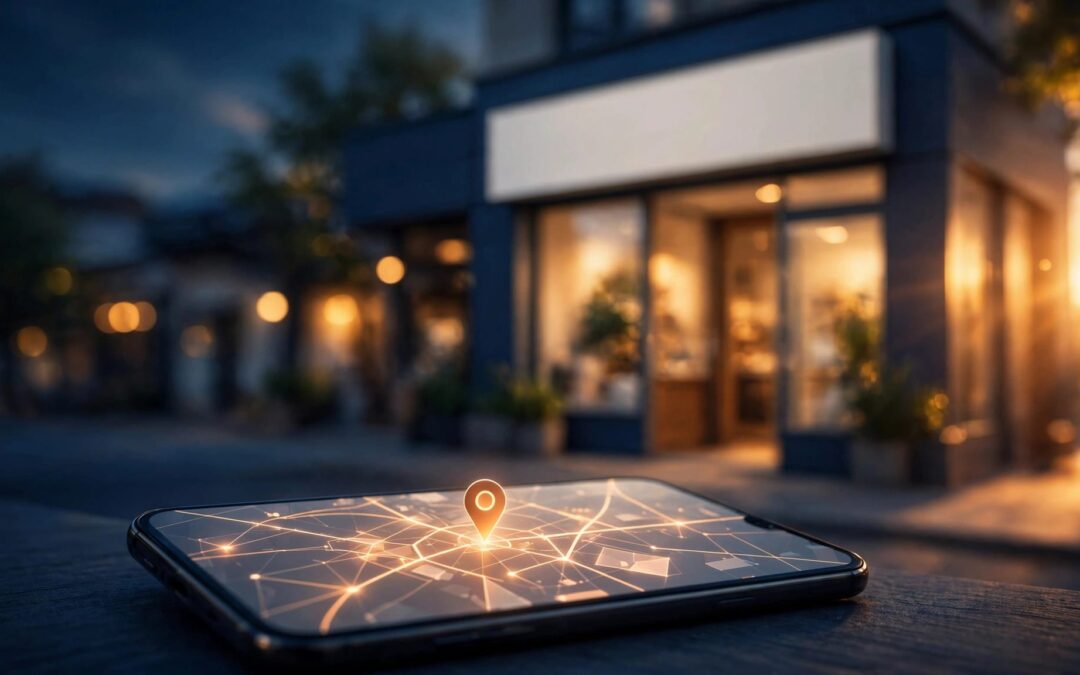 A glowing storefront behind a smartphone showing a map pin icon.