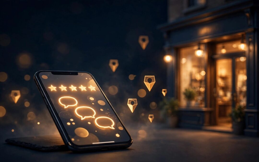 A glowing smartphone beside a warmly lit storefront with stars and map-pin shapes.