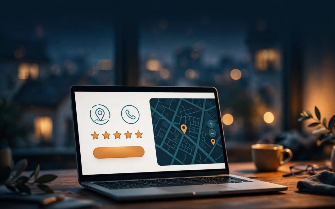 Laptop showing a local service webpage with icons, ratings, and map elements.