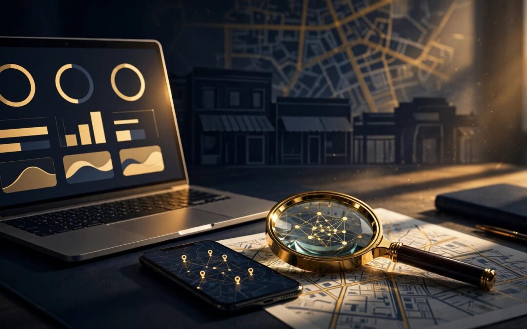 Laptop and smartphone showing website and map markers beside a magnifying glass.