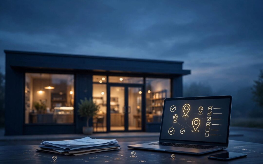 Laptop, business documents, and phone beside a warmly lit storefront.
