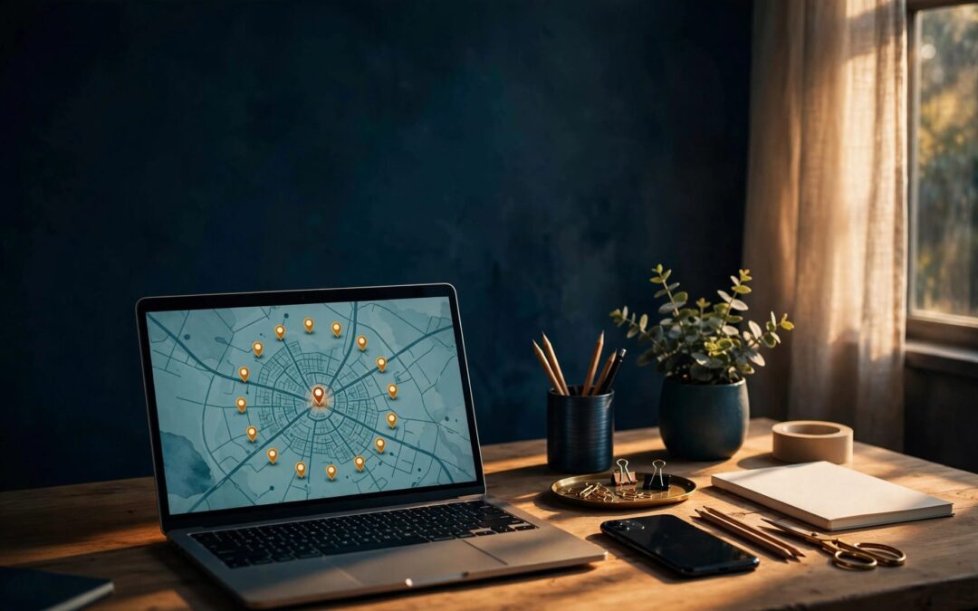 Laptop with a local map, service pins, smartphone, and business tools on a home office desk.