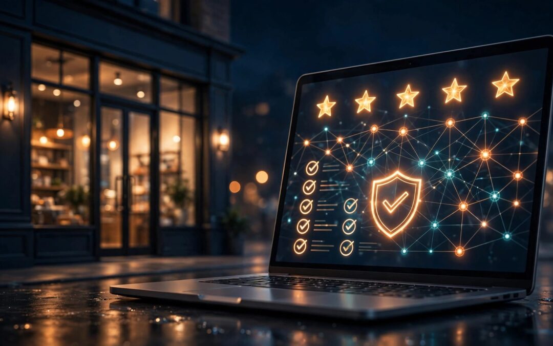 A storefront beside a laptop displaying stars, data connections, checklists, and a validation shield.