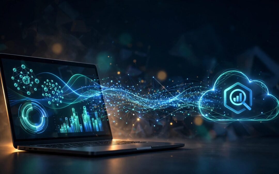 A laptop shows glowing SEO charts beside flowing data streams and a cloud database icon.