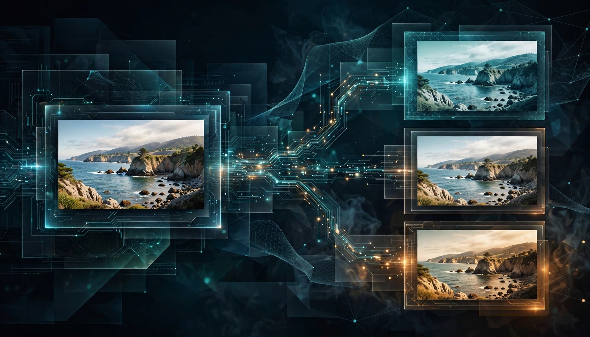 One source image branches into three differently styled image cards.